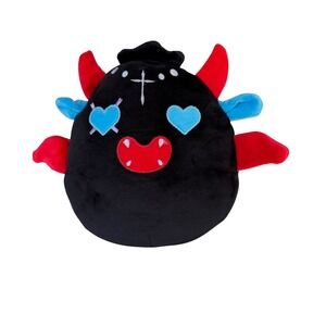 Black Demon Plush with Red Horns and Blue Heart Eyes Goth Aesthetic Plushie